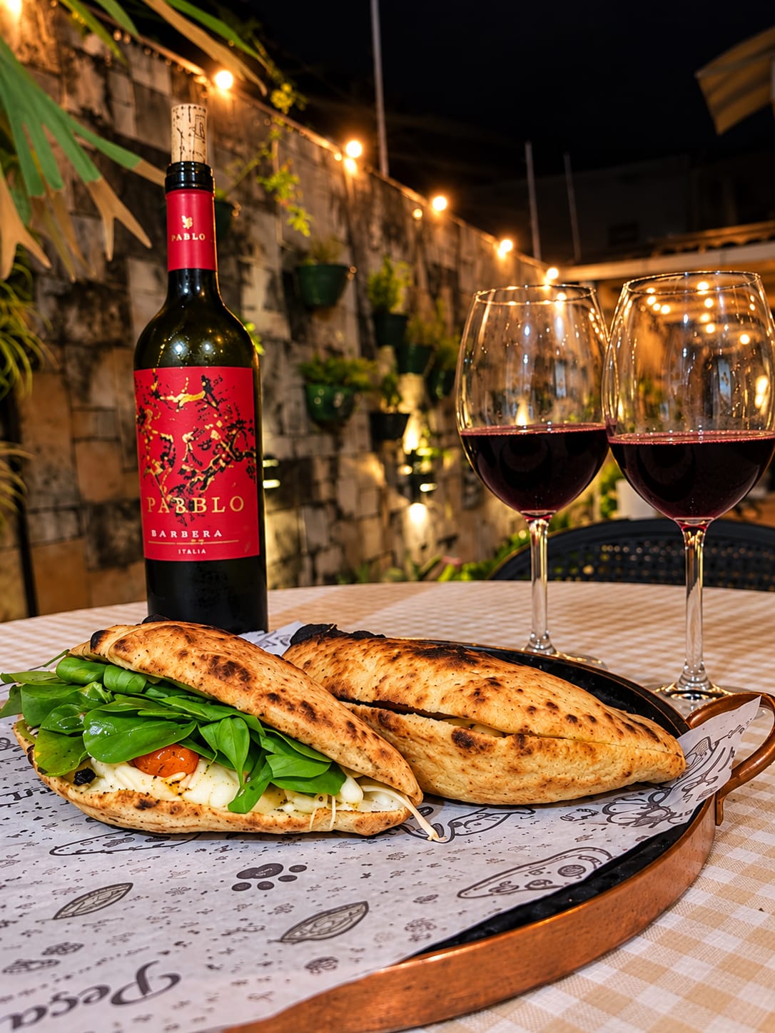 Panuozzos e vinho na IL Gatto
